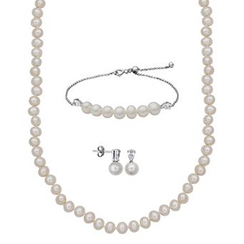 Sterling Silver Freshwater Cultured Pearl & Lab-Created White Sapphire Necklace, Bracelet, and Earring Set