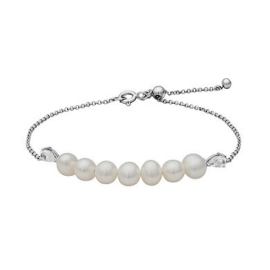 Sterling Silver Freshwater Cultured Pearl & Lab-Created White Sapphire Necklace, Bracelet, and Earring Set