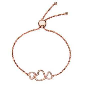 18k Rose Gold Over Silver Lab-Created White Sapphire Triple Heart Bolo Bracelet