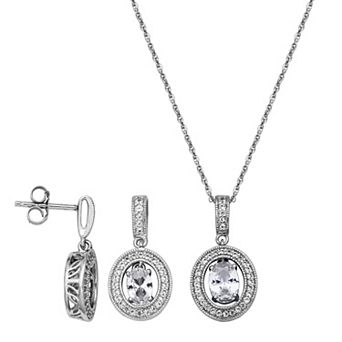 Sterling Silver Lab-Created White Sapphire Halo Oval Drop Earrings & Pendant Necklace Set