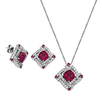 Sterling Silver Lab-Created Ruby & White Sapphire Windmill Stud Earring & Necklace Set