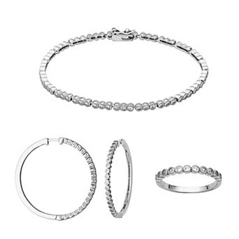 Sterling Silver Lab-Created White Sapphire Ring, Bracelet, and Hoop Earrings Set