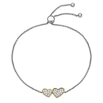 Two Tone 18k Gold Over Silver 1/4 Carat T.W. Lab-Grown Diamond Double Heart Bolo Bracelet