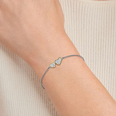 Two Tone 18k Gold Over Silver 1/4 Carat T.W. Lab-Grown Diamond Double Heart Bolo Bracelet