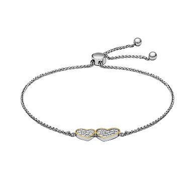 Two Tone 18k Gold Over Silver 1/4 Carat T.W. Lab-Grown Diamond Double Heart Bolo Bracelet