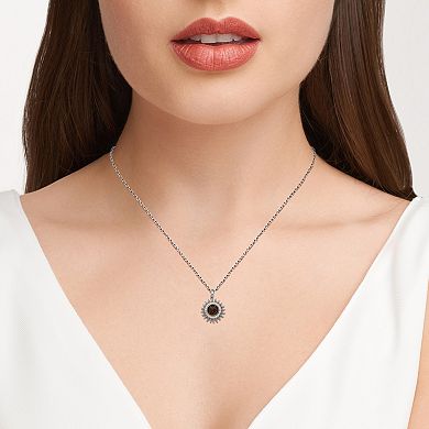 Sterling Silver Lab-Created Black Opal and White Sapphire Sunburst Pendant Necklace