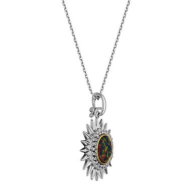 Sterling Silver Lab-Created Black Opal and White Sapphire Sunburst Pendant Necklace