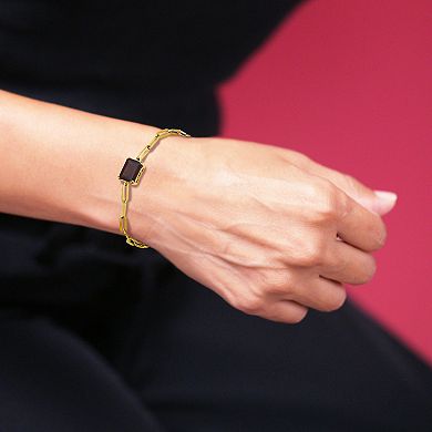 18k Gold Over Silver Garnet Oblong Flat Chain Bracelet