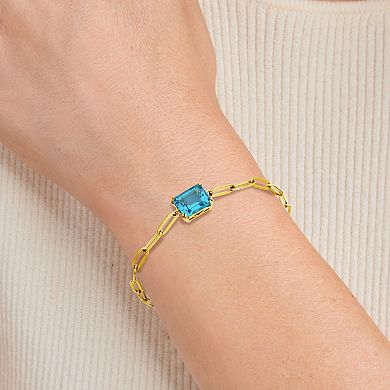 18k Gold Over Silver Swiss Blue Topaz Oblong Flat Chain Bracelet