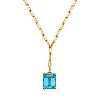 18k Gold Over Silver Swiss Blue Topaz Oblong Flat Chain Pendant Y Necklace