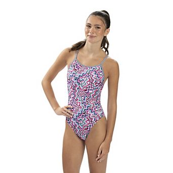 Juniors' Dolfin Uglies Ripple Print Diver-Back Competitive One-Piece Swimsuit
