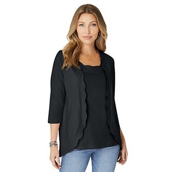 Roaman's Women's Plus Size Scalloped Cardigan And Tank Set
