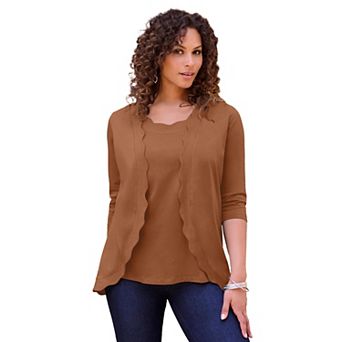 Roaman's Women's Plus Size Scalloped Cardigan And Tank Set