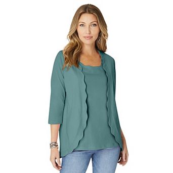 Roaman's Women's Plus Size Scalloped Cardigan And Tank Set