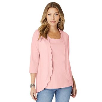 Roaman's Women's Plus Size Scalloped Cardigan And Tank Set