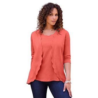 Roaman's Women's Plus Size Scalloped Cardigan And Tank Set