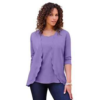 Roaman's Women's Plus Size Scalloped Cardigan And Tank Set
