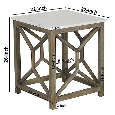 Agas Side End Table, Square Genuine Marble Top, Sandblasted Washed Ash Mango Wood Geometric Frame