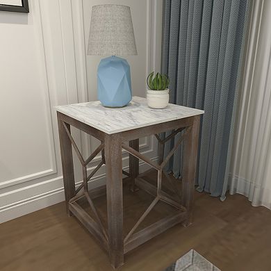 Agas Side End Table, Square Genuine Marble Top, Sandblasted Washed Ash Mango Wood Geometric Frame