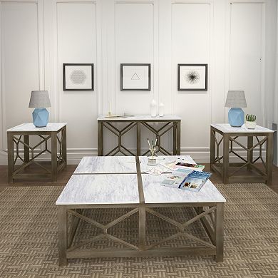 Agas Side End Table, Square Genuine Marble Top, Sandblasted Washed Ash Mango Wood Geometric Frame