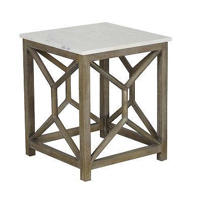 Agas Side End Table, Square Genuine Marble Top, Sandblasted Washed Ash Mango Wood Geometric Frame