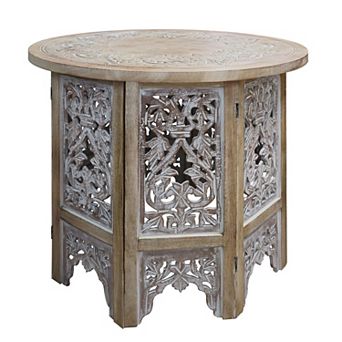 Accent Side Table, 24 Inch Round Top, Mango Wood Floral Cut Out Carved Motifs, Washed White