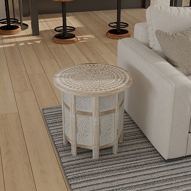 Accent Side Table, Mango Wood 18 Inch Round Top, Hand Carved Inlay Mandala Design, Washed White