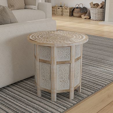 Accent Side Table, Mango Wood 18 Inch Round Top, Hand Carved Inlay Mandala Design, Washed White