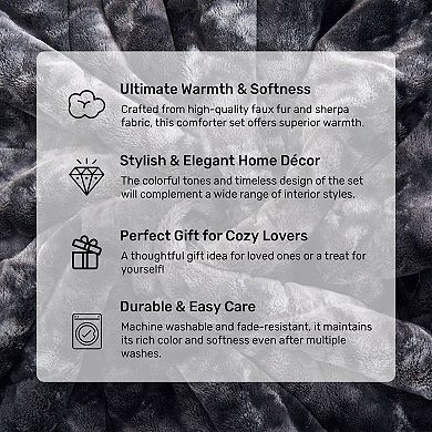 Unikome Fluffy Comforter Set Winter Warm Faux Fur Bedding Set, Luxury Plush Fuzzy Bed Set 3 Pieces