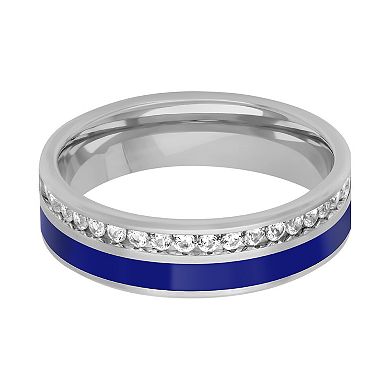 Men's Sterling Silver Lab-Created White Sapphire & Blue Ceramic Band