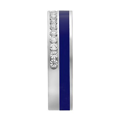 Men's Sterling Silver Lab-Created White Sapphire & Blue Ceramic Band