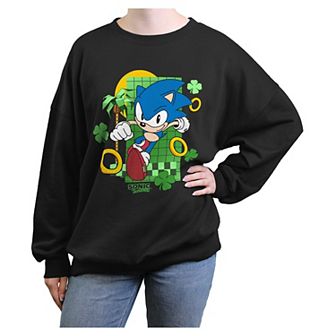 Juniors' Sonic The Hedgehog Running Rings And Shamrocks Oversized Graphic Pullover