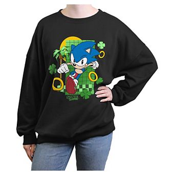 Juniors' Sonic The Hedgehog Running Rings And Shamrocks Oversized Graphic Pullover