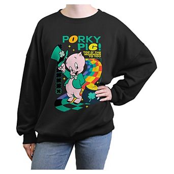 Juniors' Looney Tunes Porky Pig Top O' The Morning To You Oversized Graphic Pullover