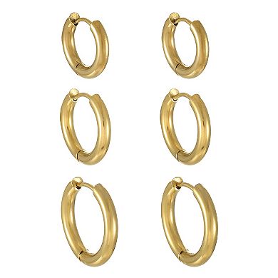City Luxe Waterproof Stainless Steel 3-Pair Hoop Earring Set