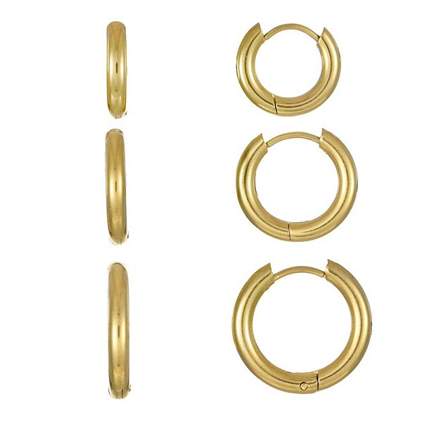 City Luxe Waterproof Stainless Steel 3-Pair Hoop Earring Set - Gold Tone