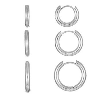 City Luxe Waterproof Stainless Steel 3-Pair Hoop Earring Set
