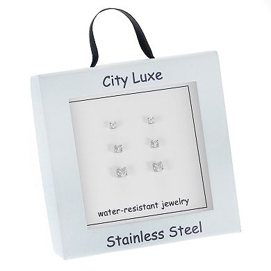 City Luxe Waterproof Stainless Steel 3-Pack Cubic Zirconia Stud Earring Set