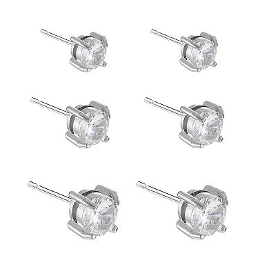 City Luxe Waterproof Stainless Steel 3-Pack Cubic Zirconia Stud Earring Set