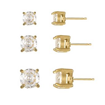 City Luxe Waterproof Stainless Steel 3-Pack Cubic Zirconia Stud Earring Set