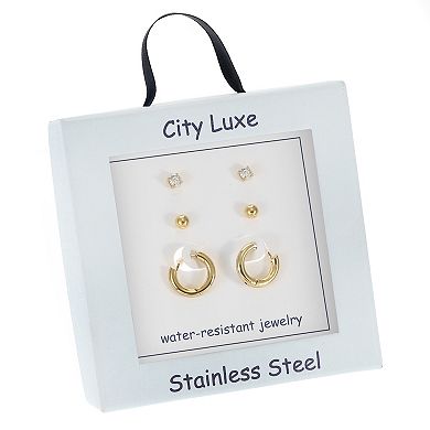 City Luxe Waterproof Stainless Steel 3-Pack Cubic Zirconia Earring Set
