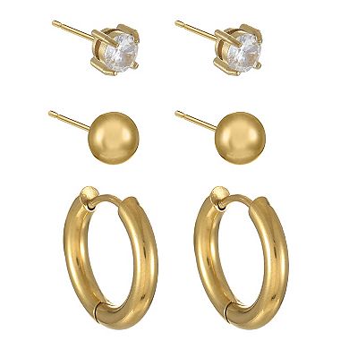 City Luxe Waterproof Stainless Steel 3-Pack Cubic Zirconia Earring Set