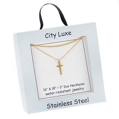 City Luxe Waterproof Gold Tone Cross Duo Chain Necklace