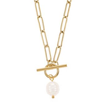 City Luxe Waterproof Gold Tone Freshwater Cultured Pearl Toggle Paperclip Chain Necklace