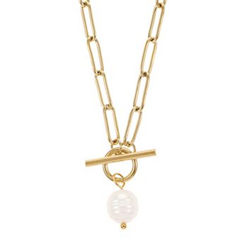 City Luxe Waterproof Gold Tone Freshwater Cultured Pearl Toggle Paperclip Chain Necklace