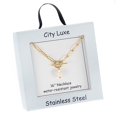 City Luxe Waterproof Gold Tone Freshwater Cultured Pearl Toggle Paperclip Chain Necklace