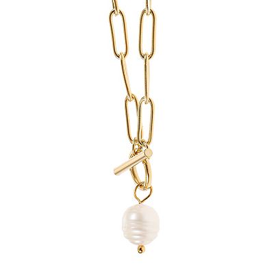 City Luxe Waterproof Gold Tone Freshwater Cultured Pearl Toggle Paperclip Chain Necklace