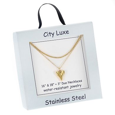 City Luxe Waterproof Gold Tone Duo Chain Heart Charm Necklace