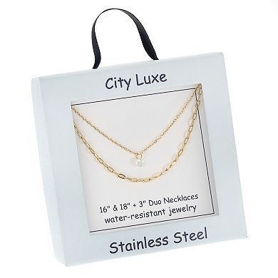 City Luxe Waterproof Gold Tone Duo Chain Cubic Zirconia Necklace