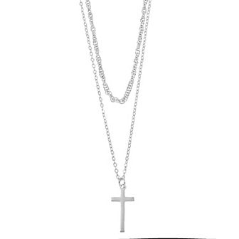 City Luxe Waterproof Silver Tone Cross Duo Chain Necklace